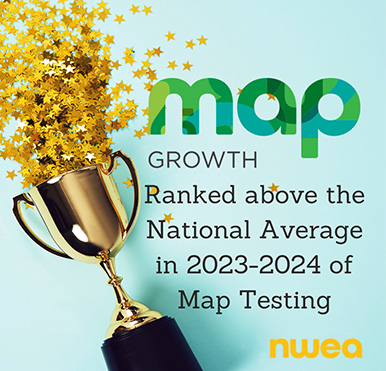 map growthranked above the National Average in 2023-2024 of Map Testing. nwea with picture of a trophy with gold stars coming out of the top.